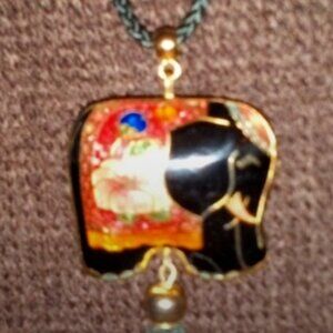 Vintage Chinese Enamel Cloisonne Puff Elephant Pendant with Tassel Neckl…